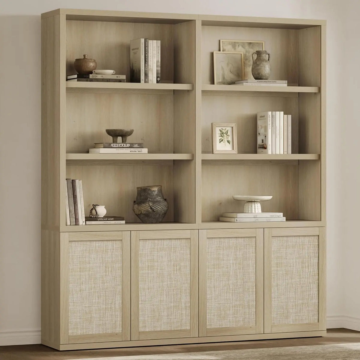 70.5" Tall Bookshelf Floor Mount- 5-Tier Rattan Bookcase with Storage Cabinet, Boho....