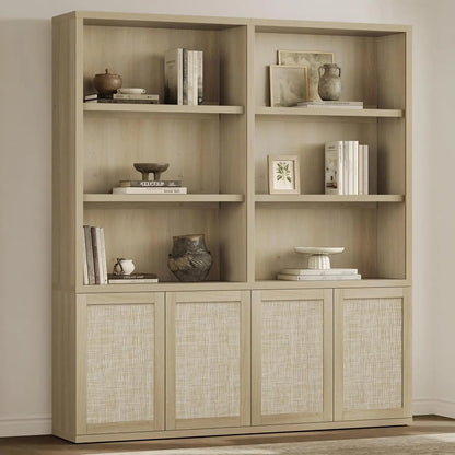 70.5" Tall Bookshelf Floor Mount- 5-Tier Rattan Bookcase with Storage Cabinet, Boho....