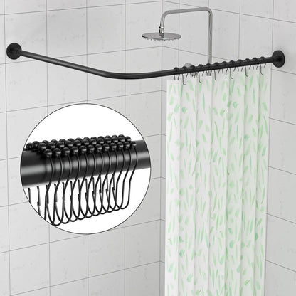 L-Shaped Corner Shower Rod, Black 24"-53"x24"-53" Adjustable, Stainless, 12 Hooks