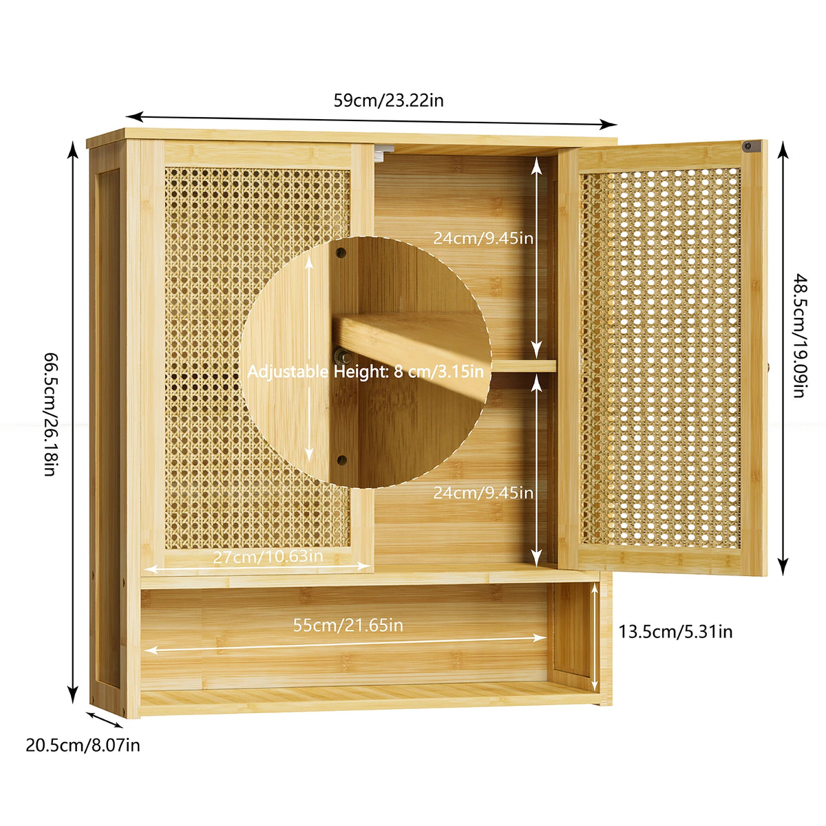 Bamboo Bathroom Wall Cabinet, Over the Toilet, Solid Wood, 3 Shelves, 2 Doors