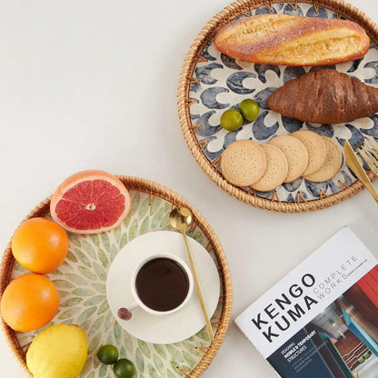 Woven Rattan Wicker Tray with Mother of Pearl Inlay With Wooden Base.....