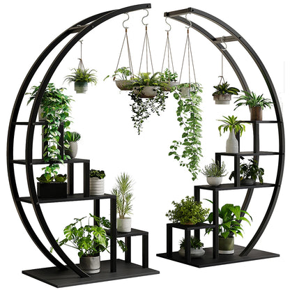 Pack of 2, 5 Tier Metal Plant Stand, Half Round Wooden Plant Rack with Hanging Hooks,(Black)
