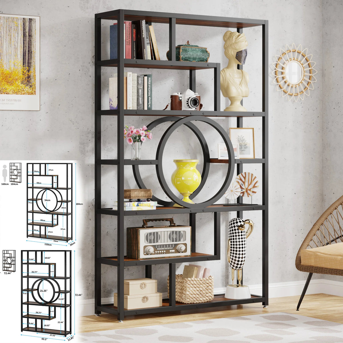 Bookshelf, 5 Tier Etagere Bookcase, Freestanding, 11.81"D x 37.4"W x 68.89"H