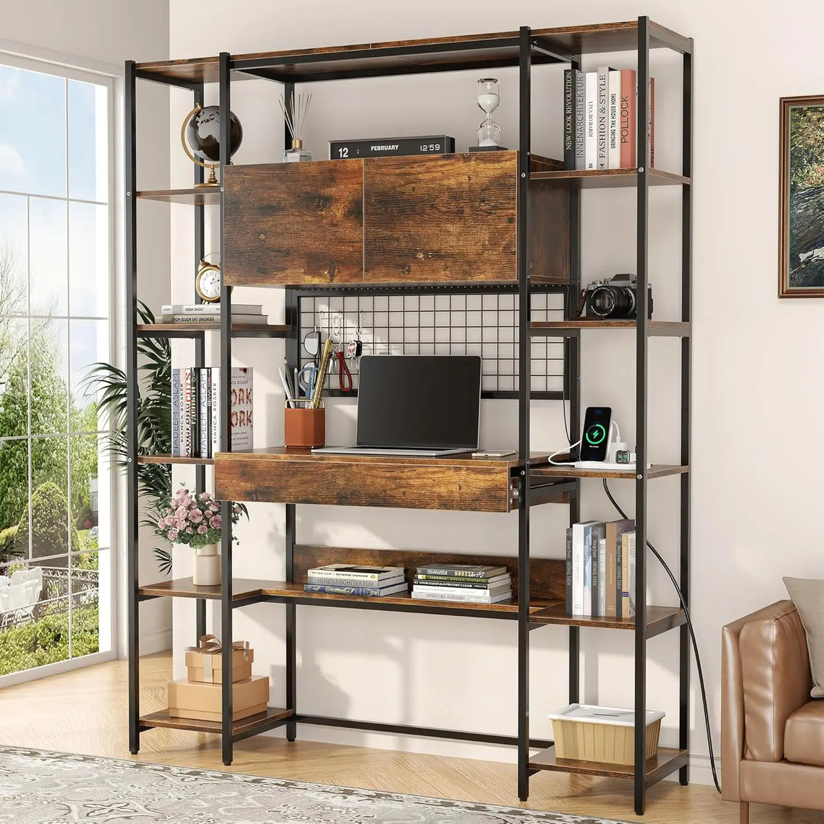 5 Tiers Rustic Engineered Wooden Bookshelf with Home Office Desk and RGB Lights and Power Outlet, 71.1" Tall