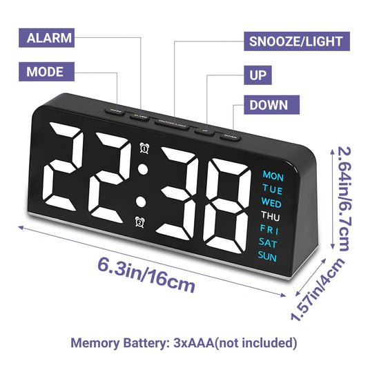 6.3 In Alarm Clock with Blue Night Light, USB Chargeable Year, Date, Temperature Display....