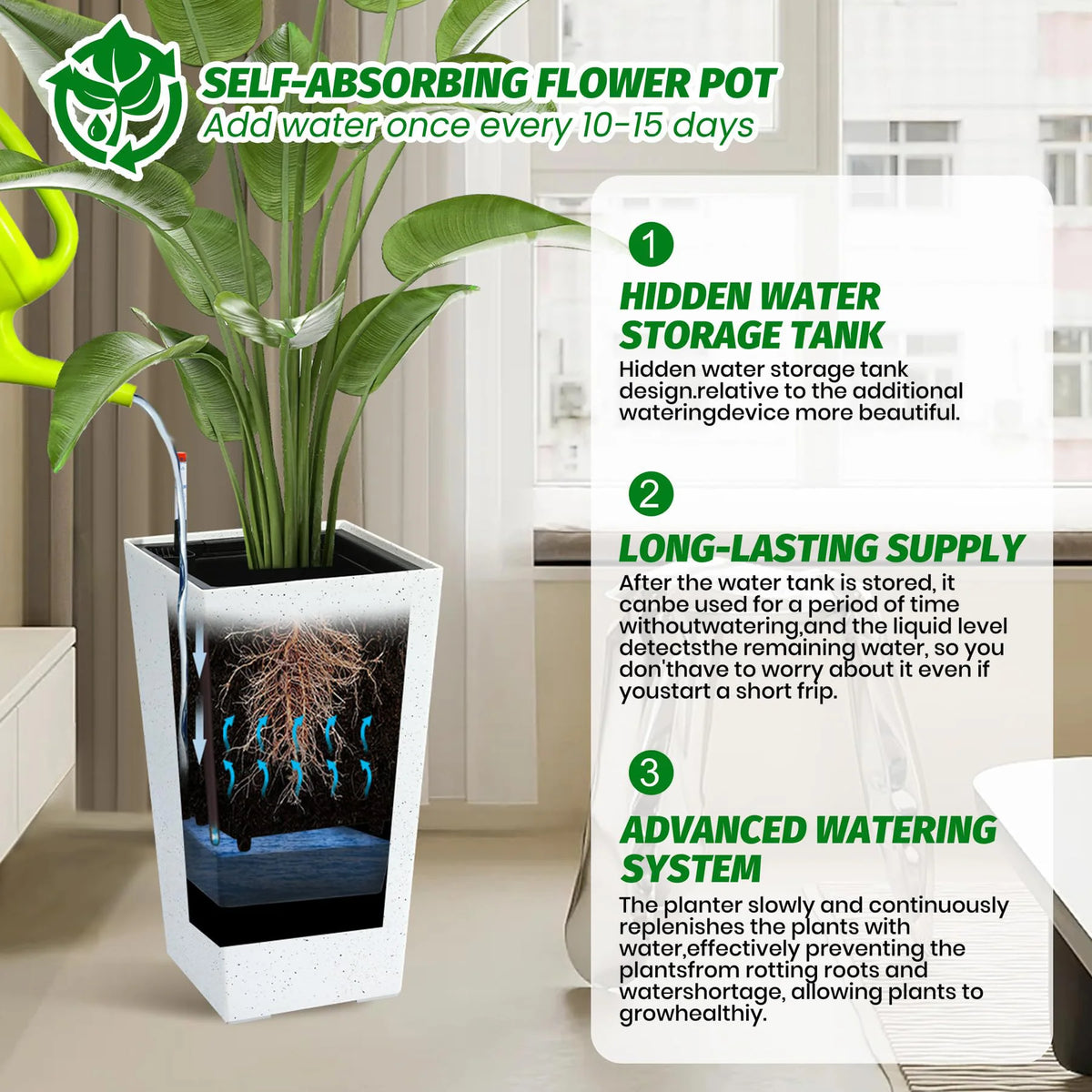 Set of 2 Modern Planters – Large Outdoor & Indoor Plant Pots with Self Watering System