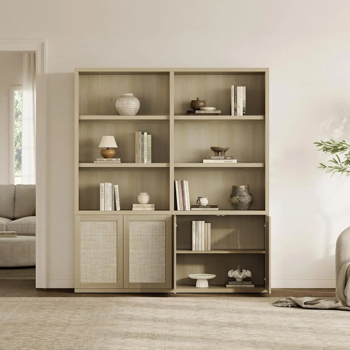 70.5" Tall Bookshelf Floor Mount- 5-Tier Rattan Bookcase with Storage Cabinet, Boho....