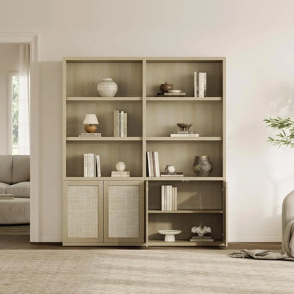 70.5" Tall Bookshelf Floor Mount- 5-Tier Rattan Bookcase with Storage Cabinet, Boho....