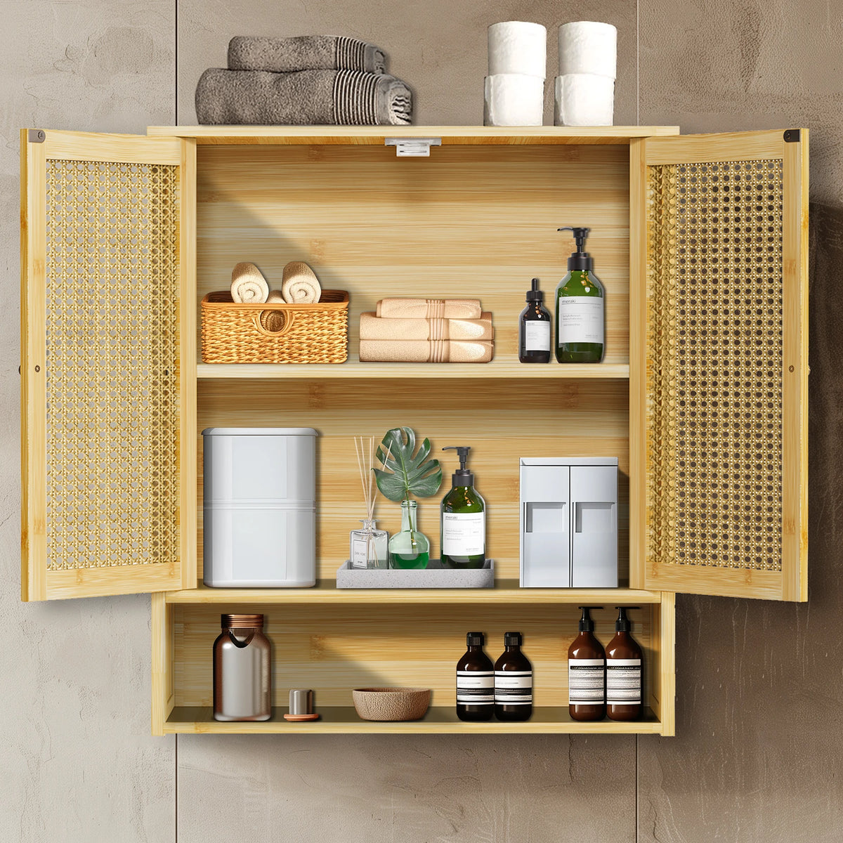 Bamboo Bathroom Wall Cabinet, Over the Toilet, Solid Wood, 3 Shelves, 2 Doors