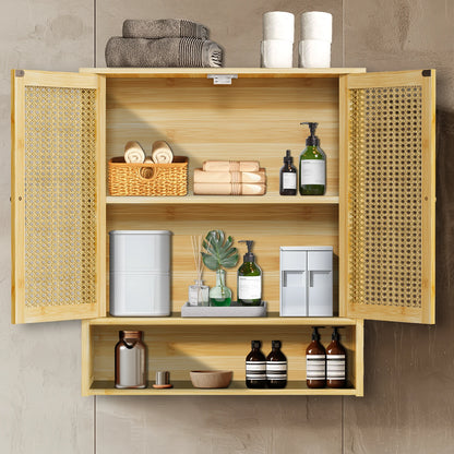 Bamboo Bathroom Wall Cabinet, Over the Toilet, Solid Wood, 3 Shelves, 2 Doors