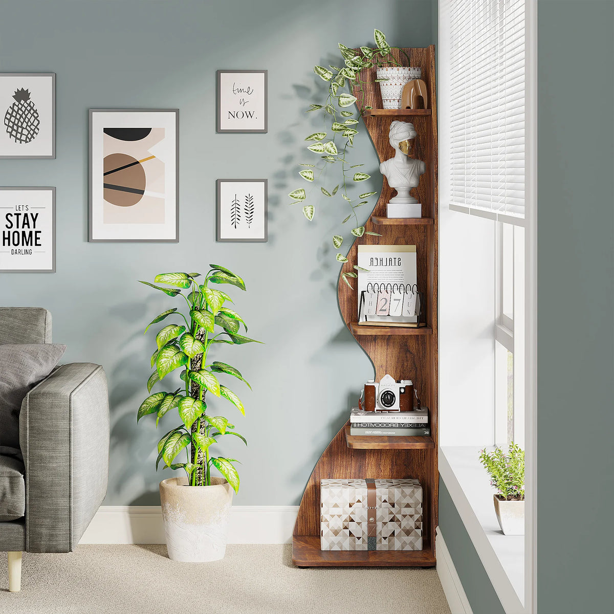 Rustic 5-Tier Corner Wooden Bookshelf, Stylish Bookcase....