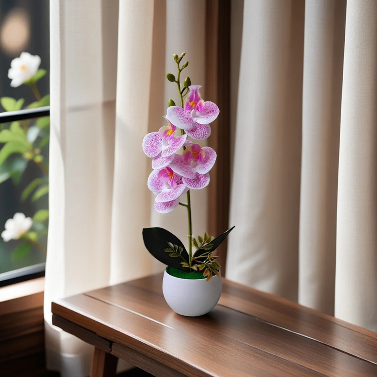 Realistic Artificial Orchid Potted Plant with Plastic Pot