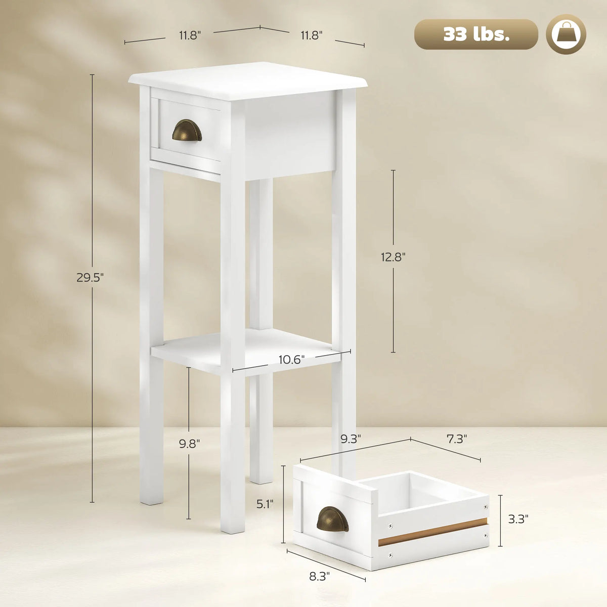 End Table with Drawer and Bottom Shelf, Accent Desk, White