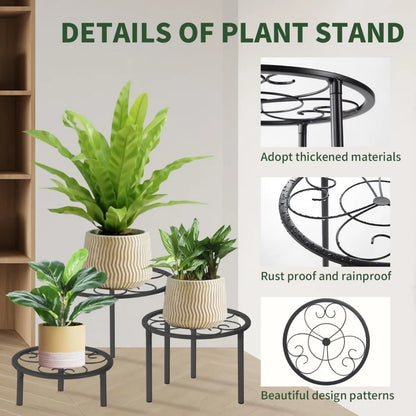 Set Of 5 Metal Plant Stands, Indoor Outdoor, Black, Various Sizes