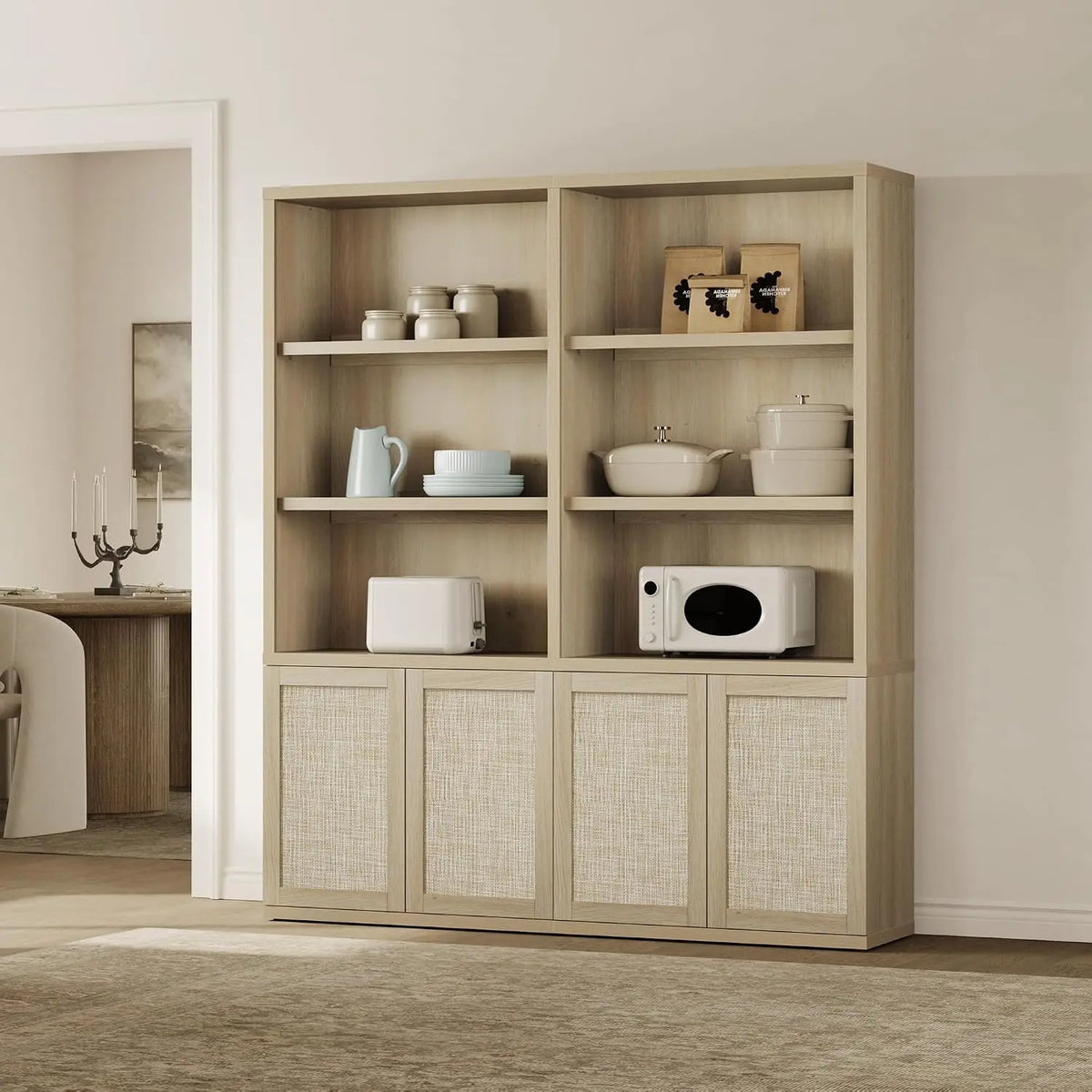 70.5" Tall Bookshelf Floor Mount- 5-Tier Rattan Bookcase with Storage Cabinet, Boho....