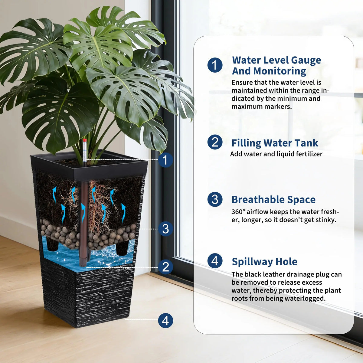 22.5'' Tall Planters Set Of 2, Self Watering Outdoor Indoor With Water Monitor System