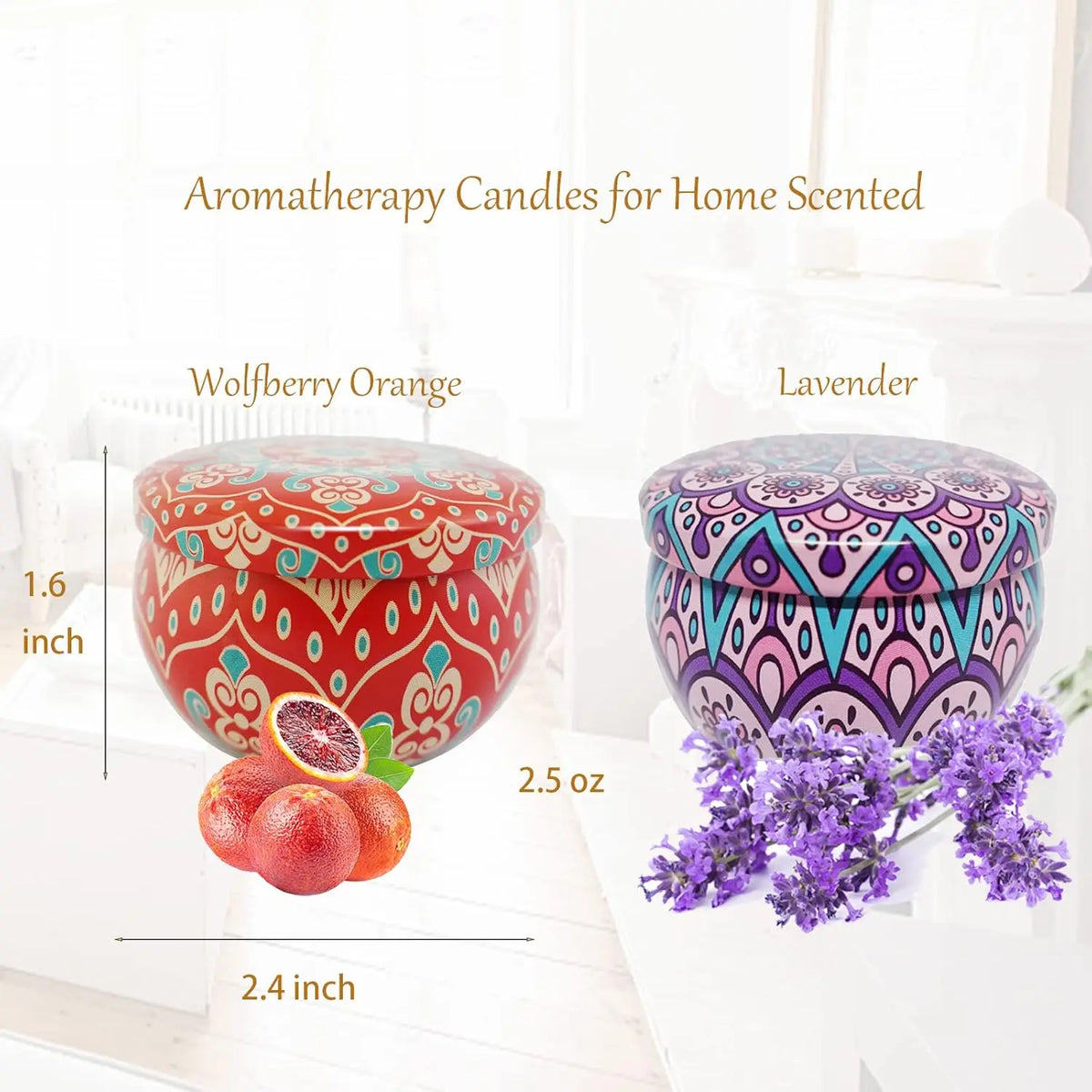 Home Decor Scented Candle, Mandala Printed Tin, Creates Ambiance, 2.5 Oz.  Floral Scent