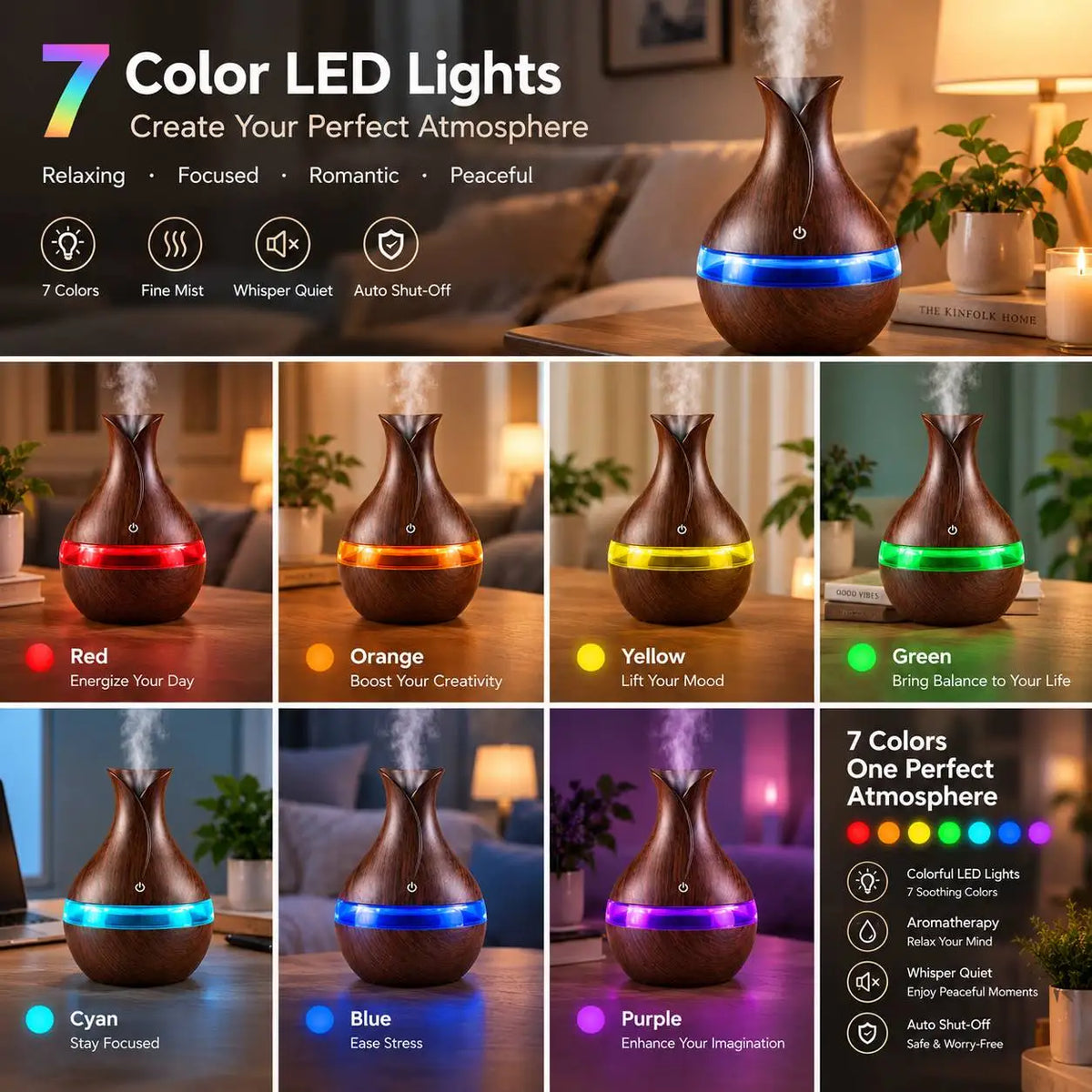 6 In Wood Grain Vase-Shaped. Humidifier, Aromatherapy for Home 7 Color LED Night Light, Auto Shut-Off, for Yoga Spa