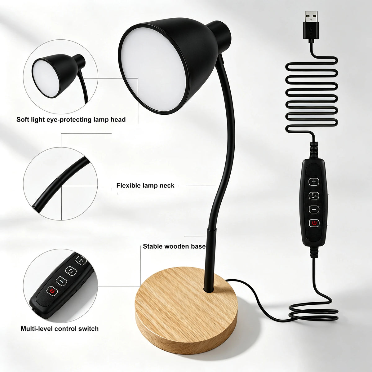 Desk Lamp ,Dimmable, with Flexible Gooseneck Black Metal Shade & Wooden Base USB Powered