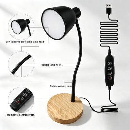 Desk Lamp ,Dimmable, with Flexible Gooseneck Black Metal Shade & Wooden Base USB Powered