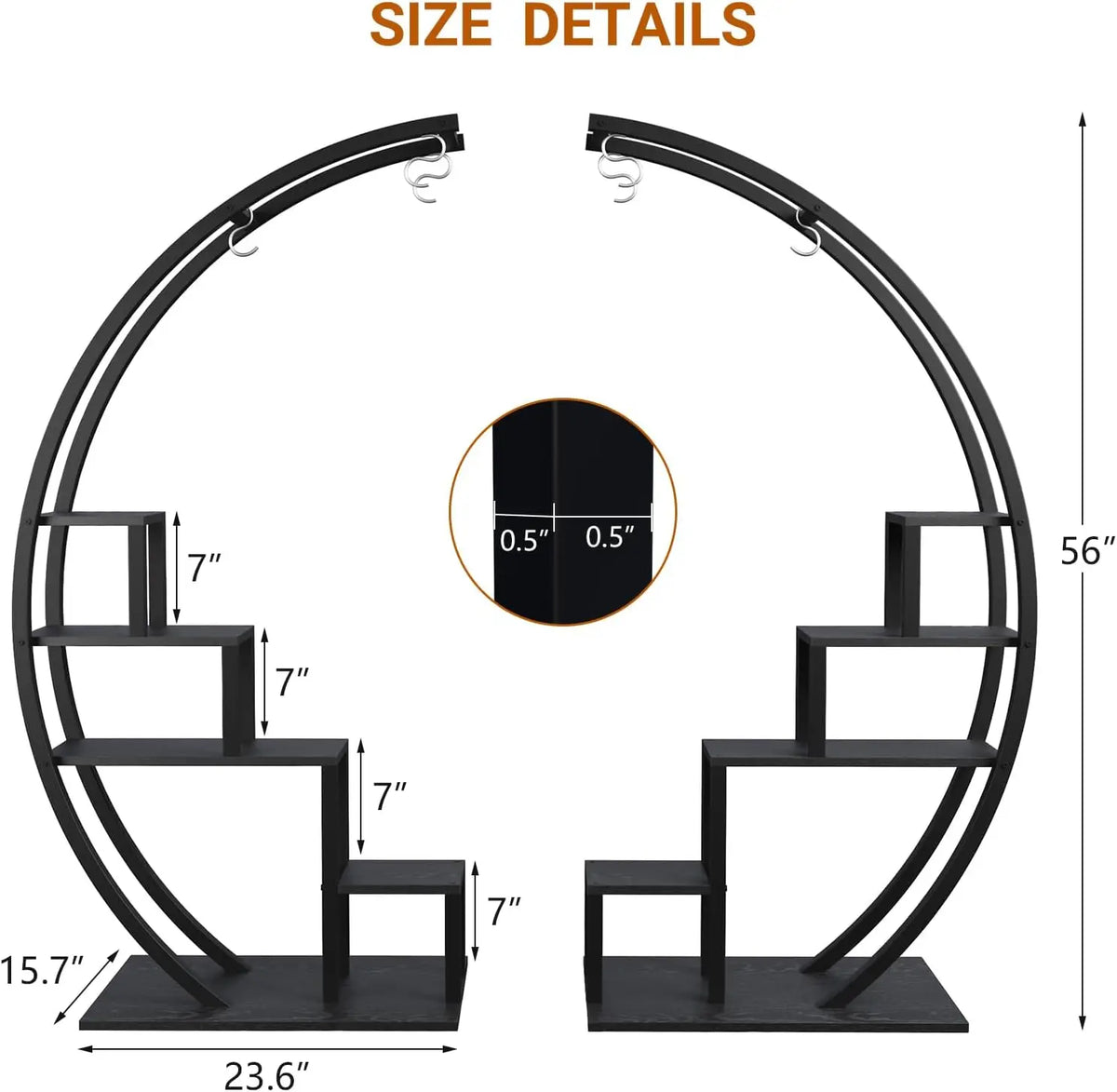 Pack of 2, 5 Tier Metal Plant Stand, Half Round Wooden Plant Rack with Hanging Hooks,(Black)