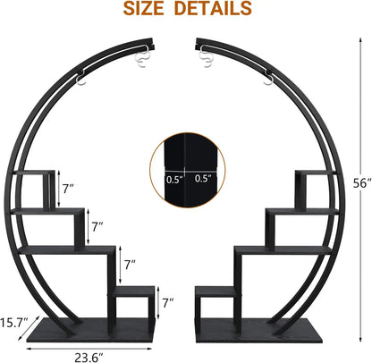 Pack of 2, 5 Tier Metal Plant Stand, Half Round Wooden Plant Rack with Hanging Hooks,(Black)