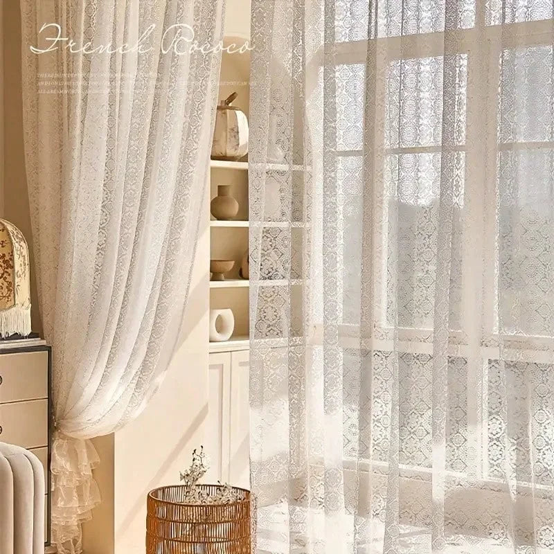 2pcs White Lace Embroidered Mesh Knitted Sheer Curtains, White...
, Whit