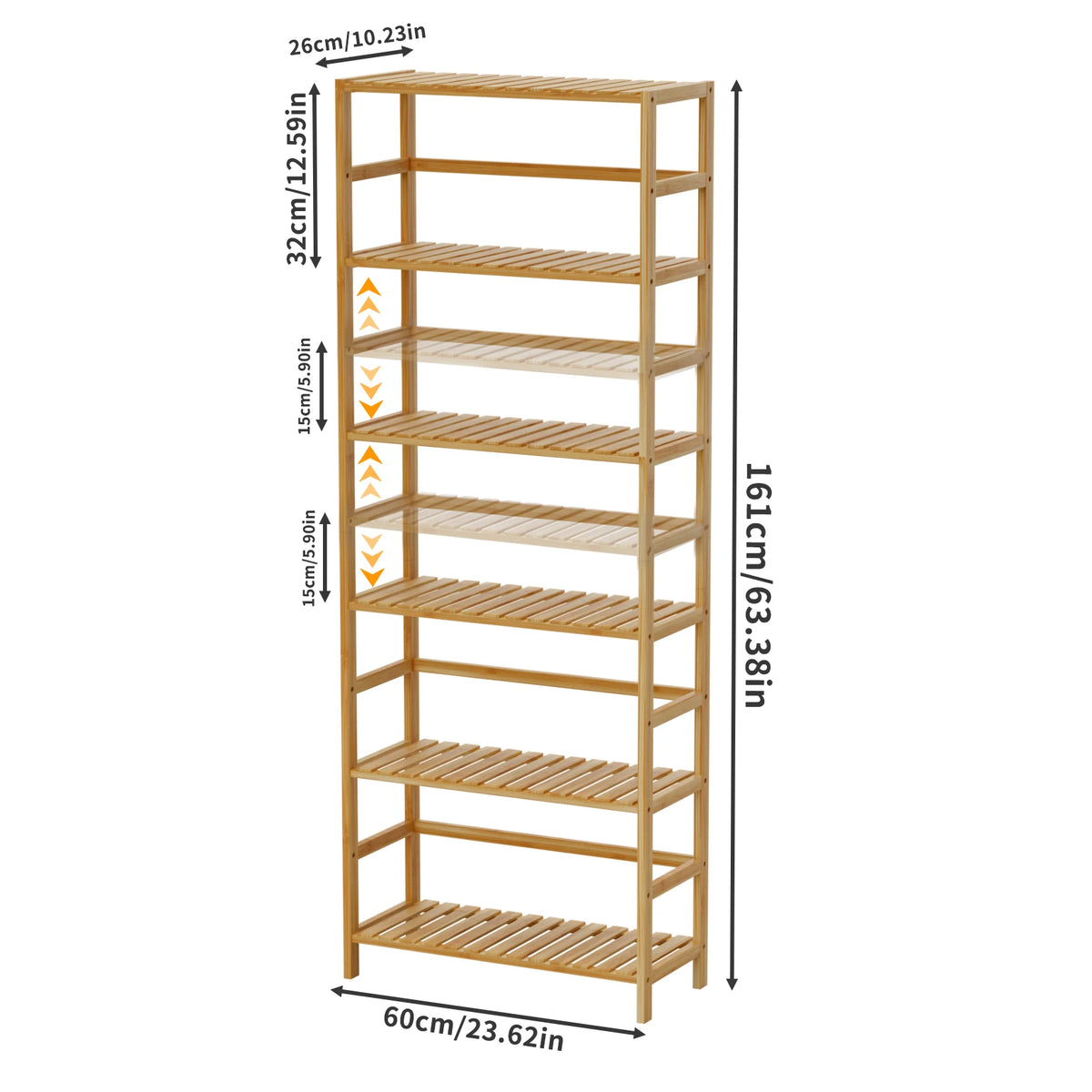 6 Tier Wooden Bookshelf with Adjustable Shelves Free Standing And Wall Mount Natural Bamboo