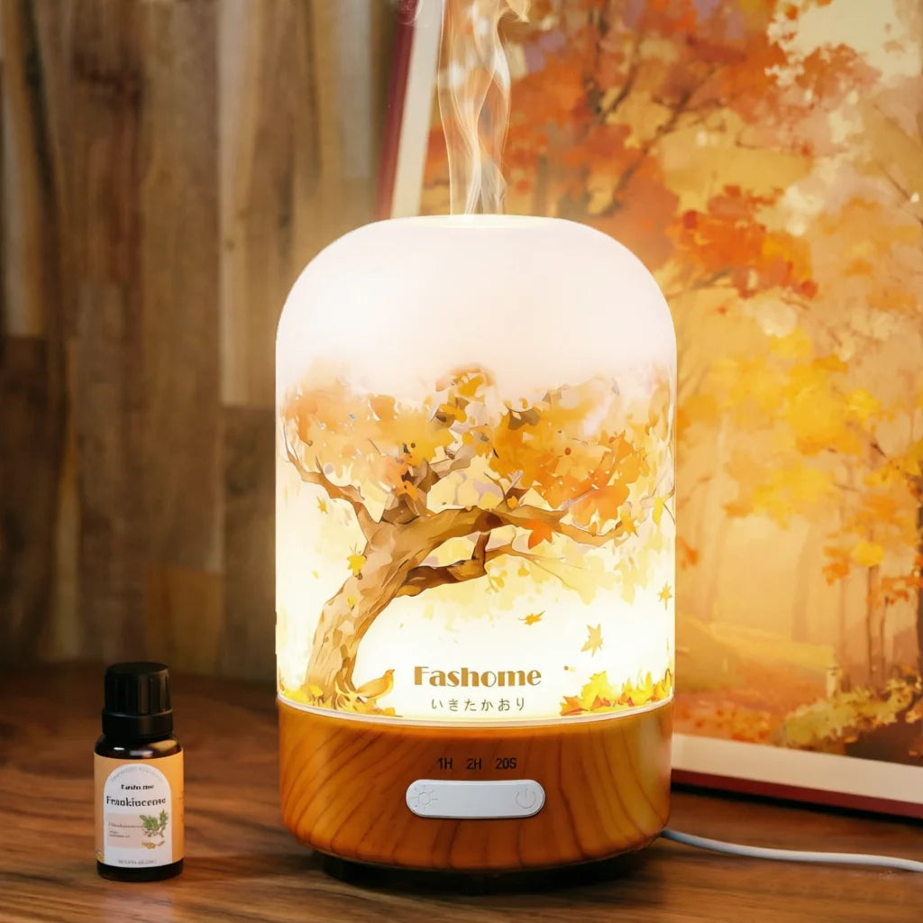 Diffuser Air Humidifier With .3 Oz Essential Oil, Hand Blown Glass Cover With Print, Auto Shut-Off, 3 Timer, 3.3 Oz Capacity Water Tank, Plug In...