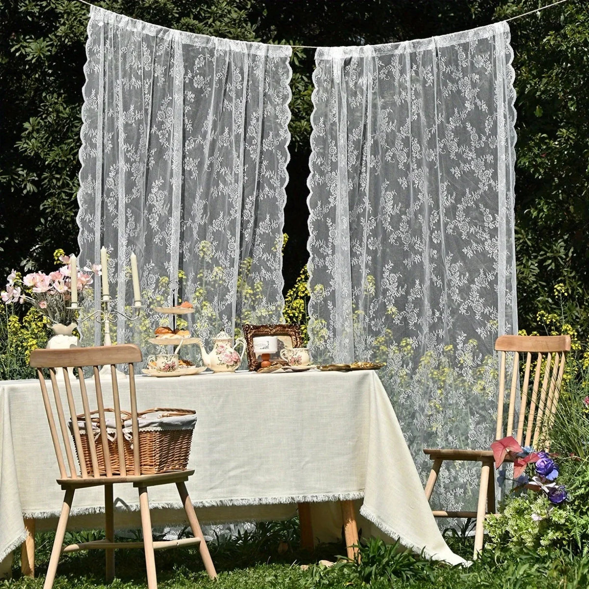 2 Panels elegant solid-color sheer curtains with wave lace trim, 3 Colors, 3 Sizes....