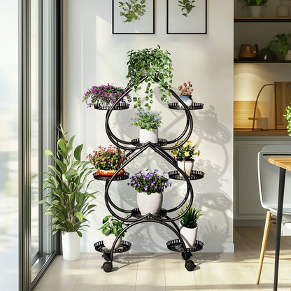 Metal Plant Stand 9-Pot Diameter 9.84 inch, Rolling Display Rack With Wheels Indoor Outdoor, 28.74x11.81x48.82 inches