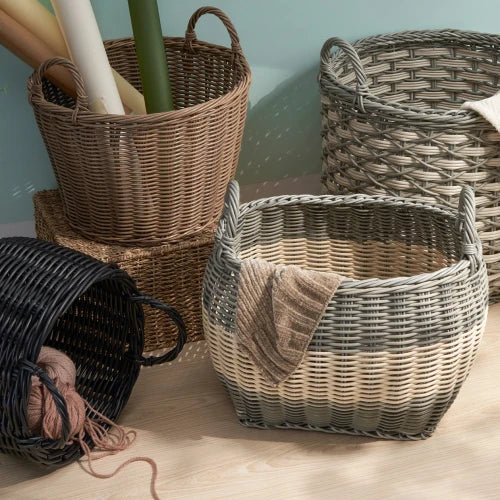 Resin Woven Wicker Storage Basket with Handles,18" x 15" x 11.4"White-Gray...