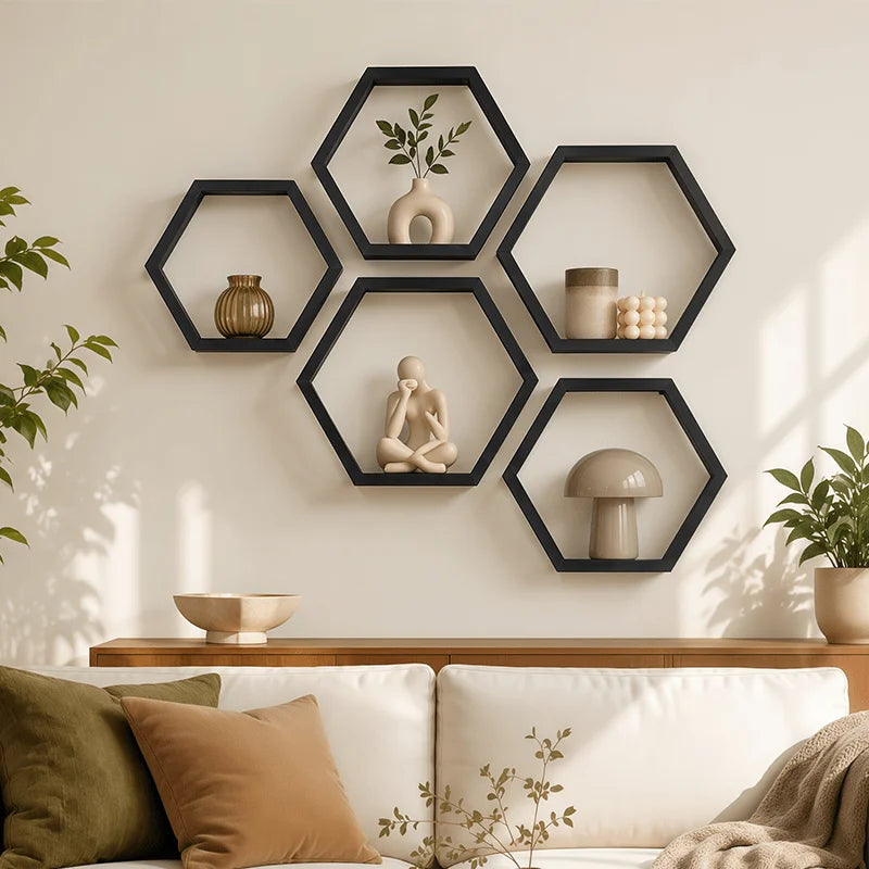 Hexagonal Floating Wooden Wall Shelves Set of 3, Black Geometric