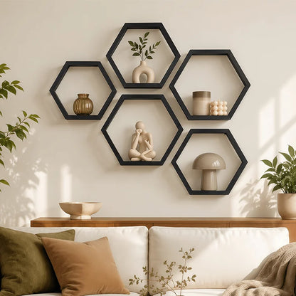 Hexagonal Floating Wooden Wall Shelves Set of 3, Black Geometric