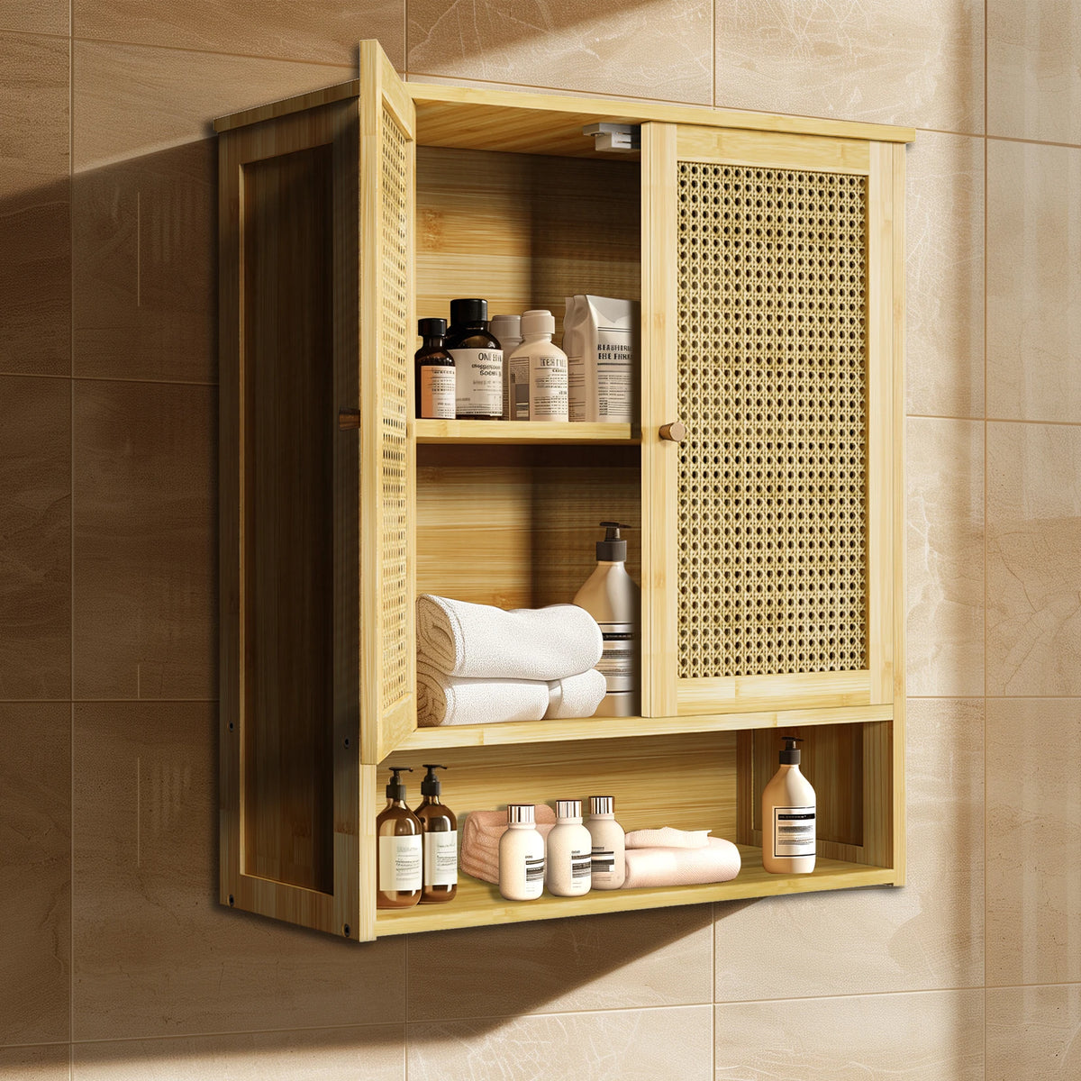 Bamboo Bathroom Wall Cabinet, Over the Toilet, Solid Wood, 3 Shelves, 2 Doors