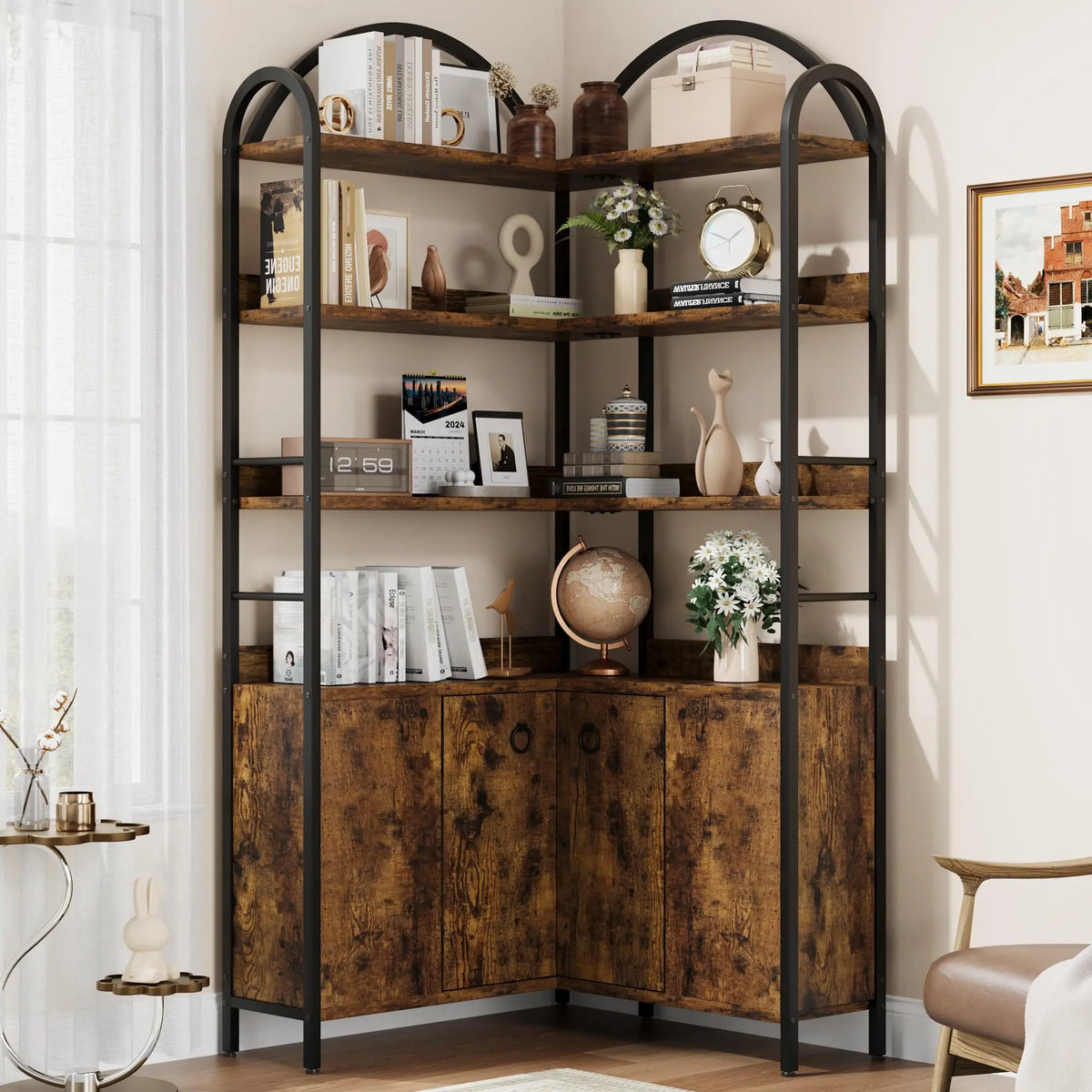 74" Tall 6-Tier Wooden Corner Shelf with Cabinet Doors - Rustic Metal & Wood Bookshelf