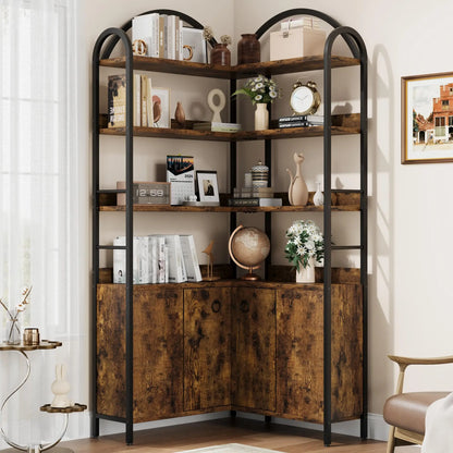 74" Tall 6-Tier Wooden Corner Shelf with Cabinet Doors - Rustic Metal & Wood Bookshelf
