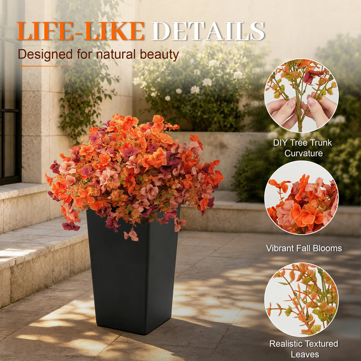 60cm Artificial Orange Daisy Flowers in Black Planters 2 Packs UV Resistant