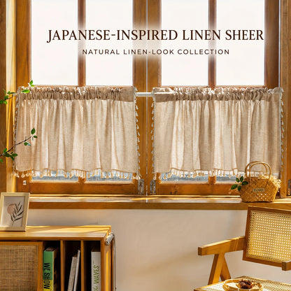 2PCS Natural Linen Curtains, Tassel Fringe for Kitchen Windows, Beige....