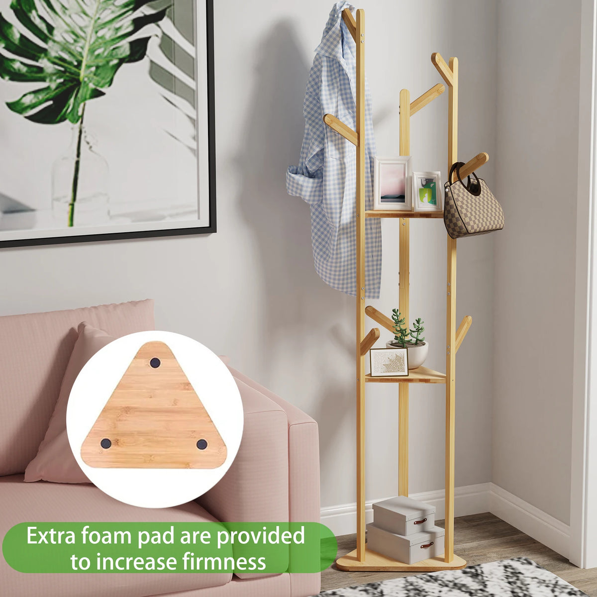 Bamboo Corner Tree Coat Rack, Hooks And Shelves, 65.75 x 15.75 x 15.75in
