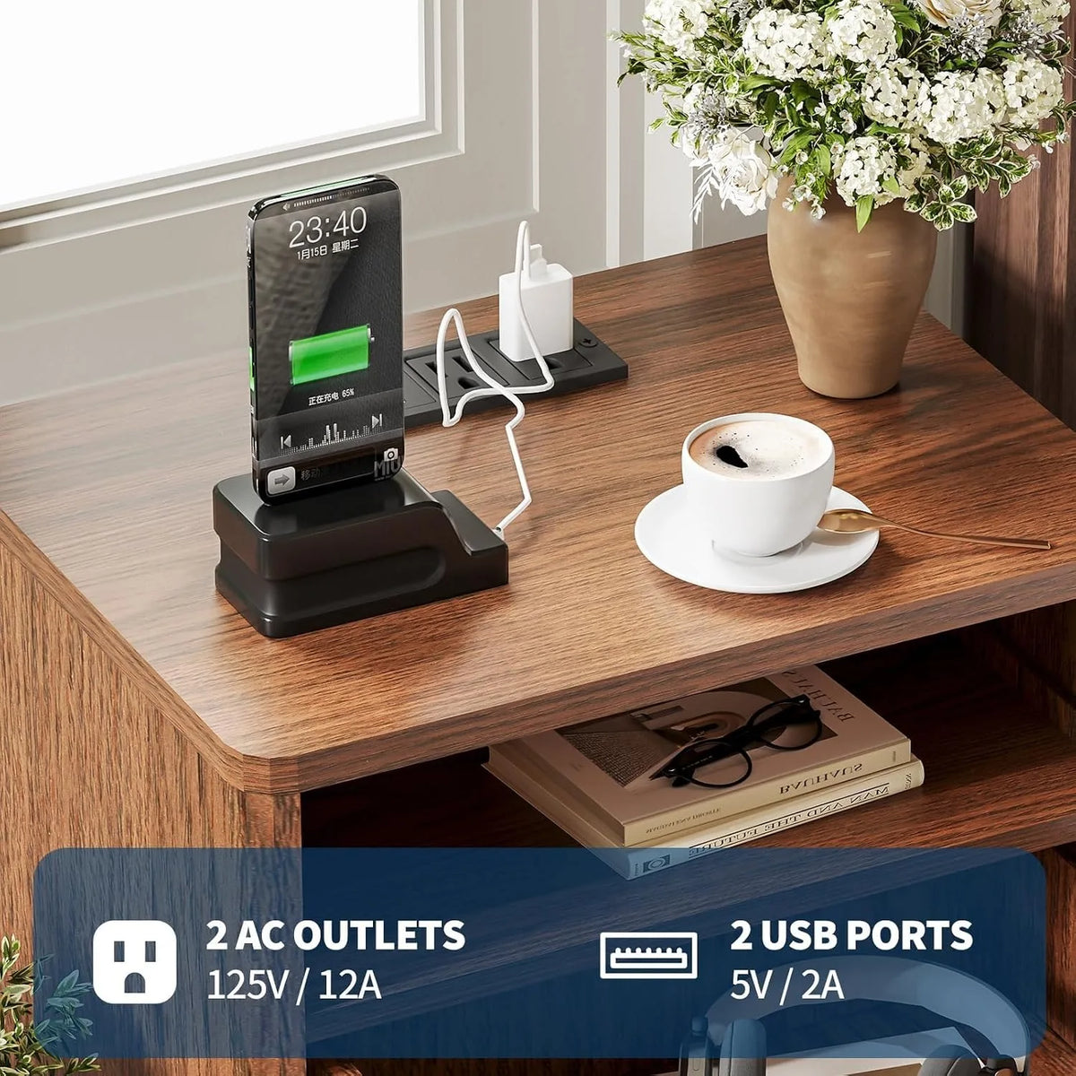 Walnut Nightstand with Drawer and Open Shelf USB Charging Station with AC Outlets