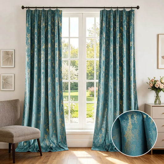 1 Color, 2 Panel Velvet Blackout Curtains, Vintage Teal Gold Texture Window Drapes, 1Size.....
