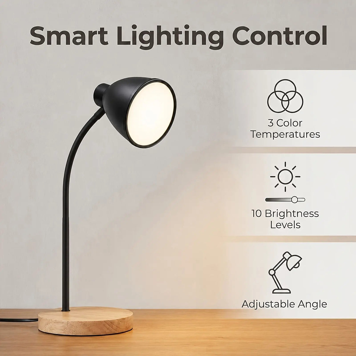 Desk Lamp ,Dimmable, with Flexible Gooseneck Black Metal Shade & Wooden Base USB Powered