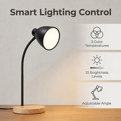 Desk Lamp ,Dimmable, with Flexible Gooseneck Black Metal Shade & Wooden Base USB Powered