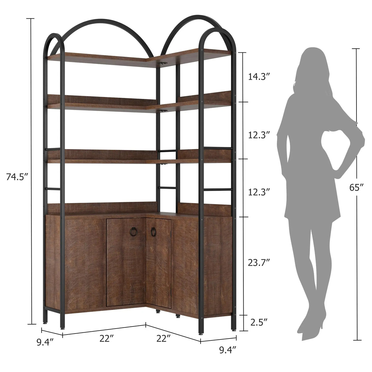 74" Tall 6-Tier Wooden Corner Shelf with Cabinet Doors - Rustic Metal & Wood Bookshelf