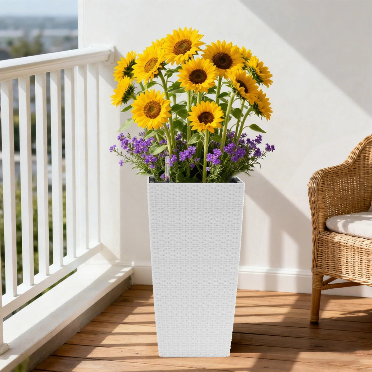 Pack of 2 Square Planter 22-Inch High Faux Rattan Design with Automatic Watering System....