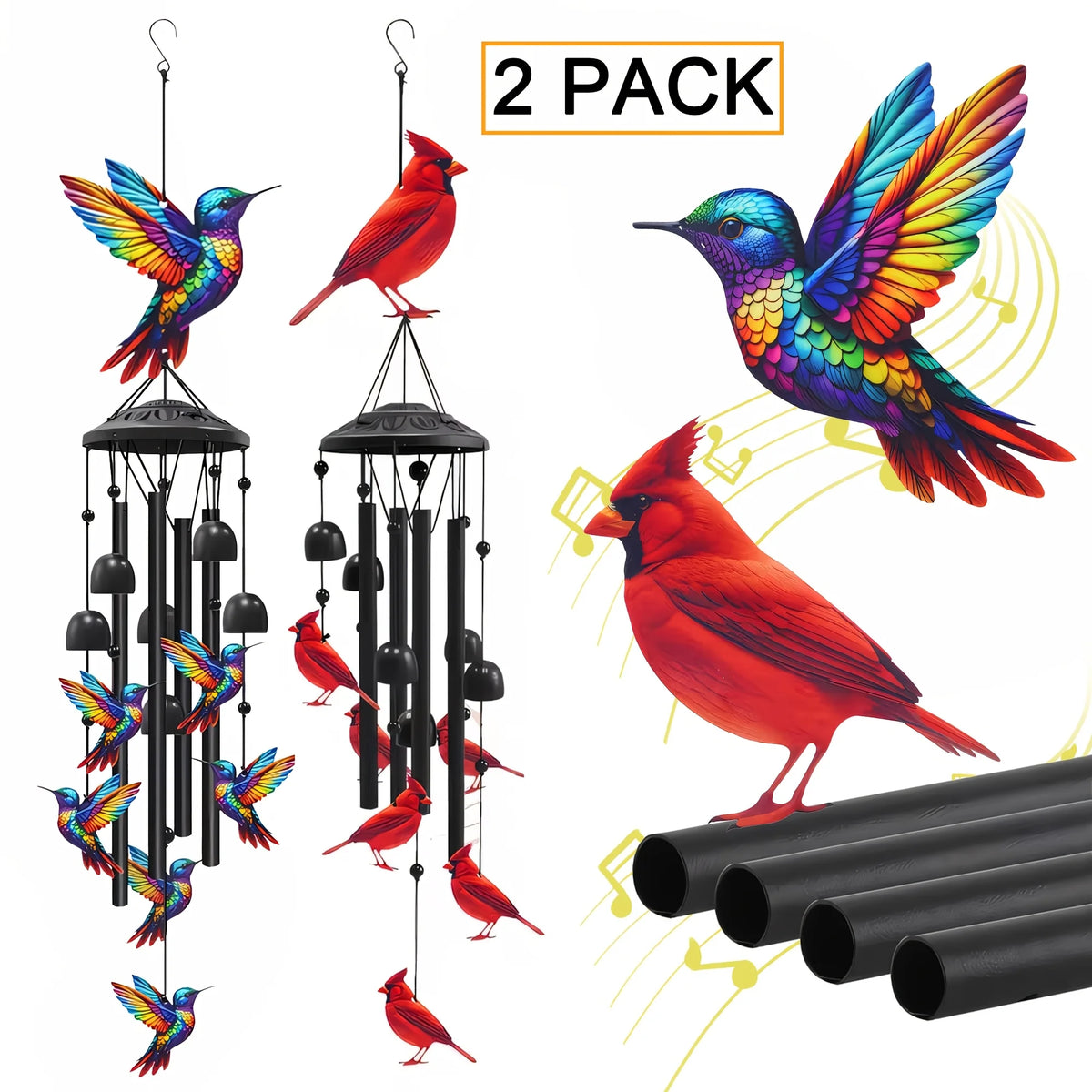 Colorful Hummingbird Wind Chimes Metal Aluminum Tube Bell, Waterproof Outdoor
