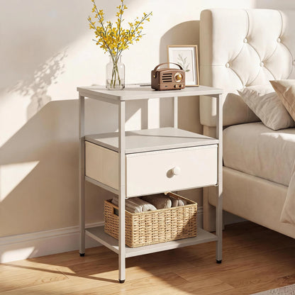 Nightstand With Charging Station, 3-Tier With Fabric Drawer, Metal Frame