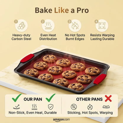 3Pcs Carbon Steel Non‑Stick Baking Pan Set With Red Silicone Handle....