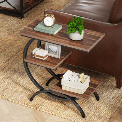 C-Shaped, Industrial 3-Tier Small, Wood Table with Storage Shelves